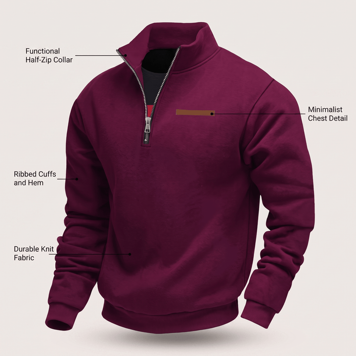 Burgundy fleece half-zip sweatshirt with stand collar, ribbed cuffs, and hem