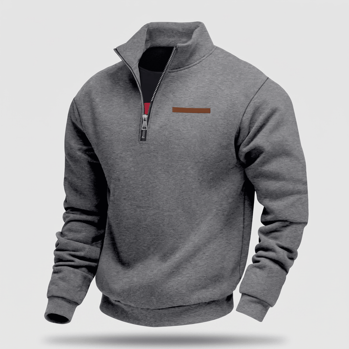 Medium gray fleece half-zip sweatshirt with stand collar and ribbed cuffs