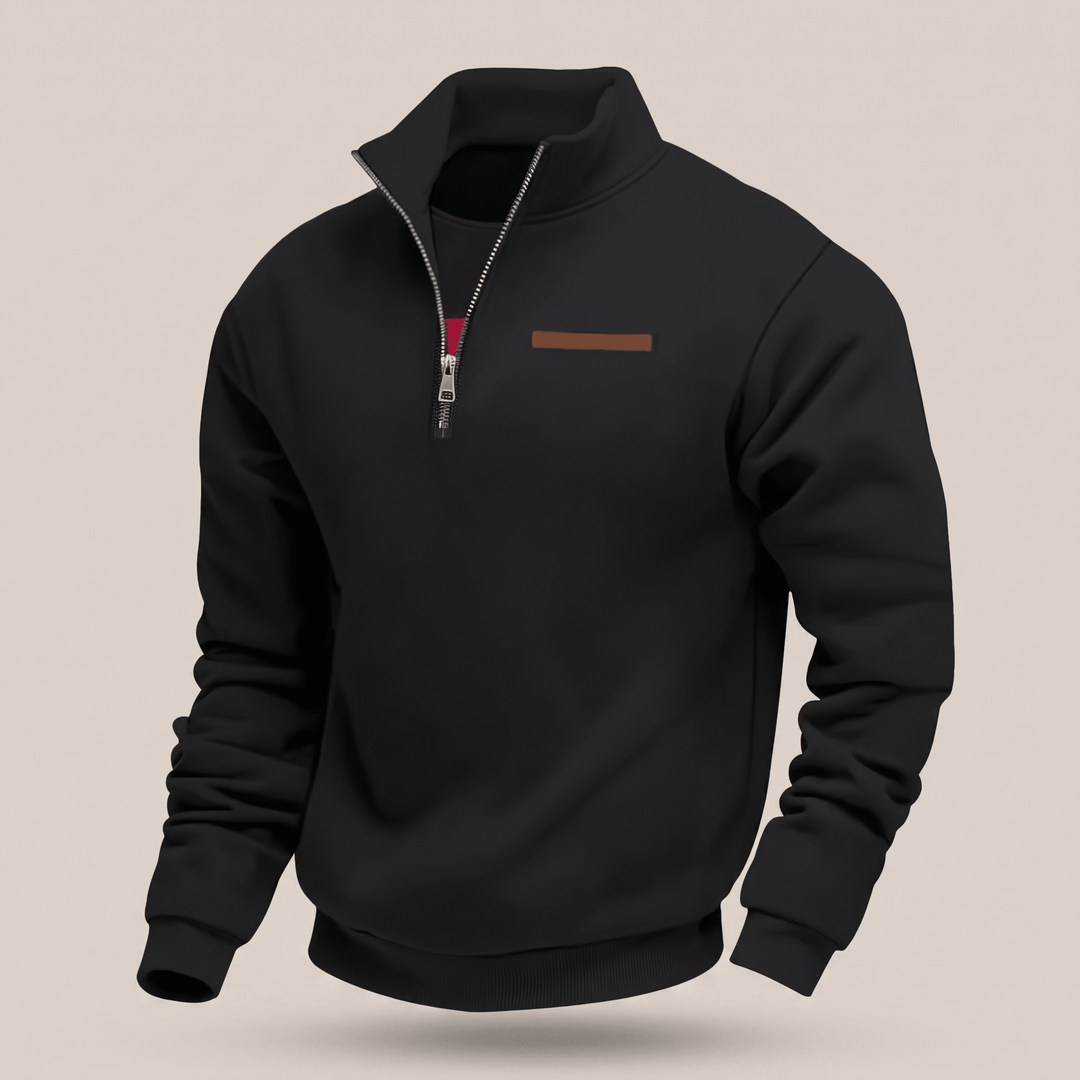 Black fleece half-zip sweatshirt with stand collar and ribbed hem
