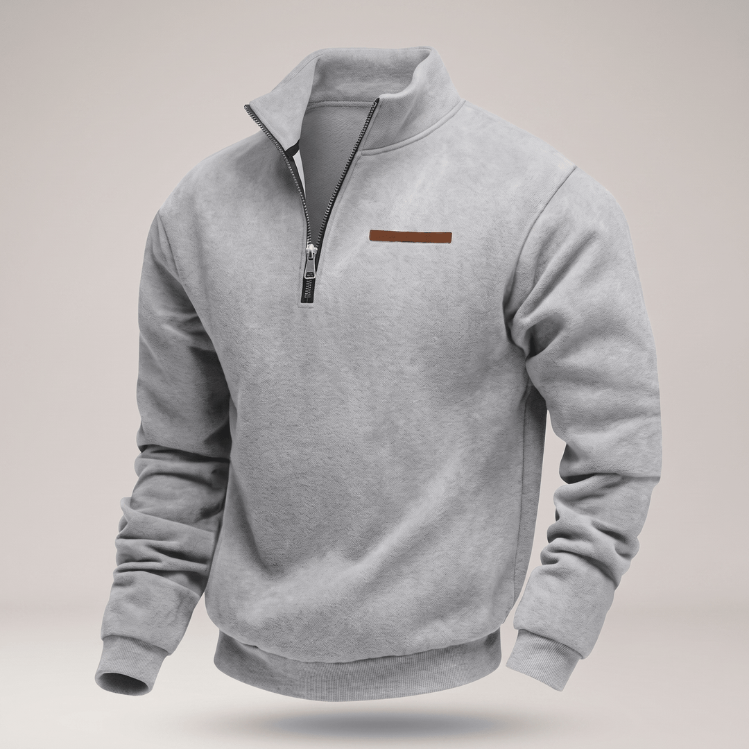 Light gray fleece half-zip sweatshirt with stand collar and ribbed cuffs