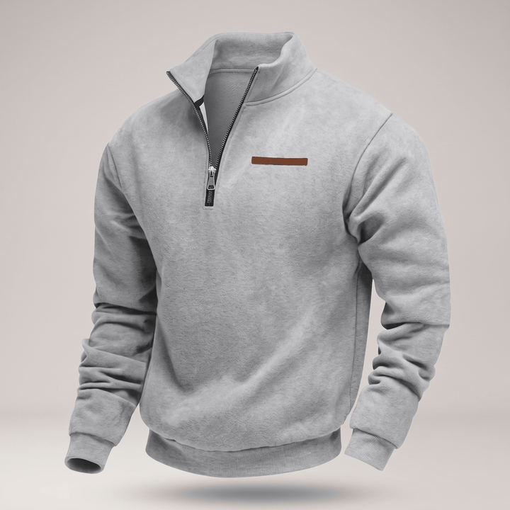 Light gray fleece half-zip sweatshirt with stand collar and ribbed cuffs