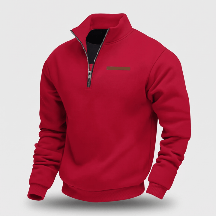 Red fleece half-zip sweatshirt with stand collar and ribbed cuffs