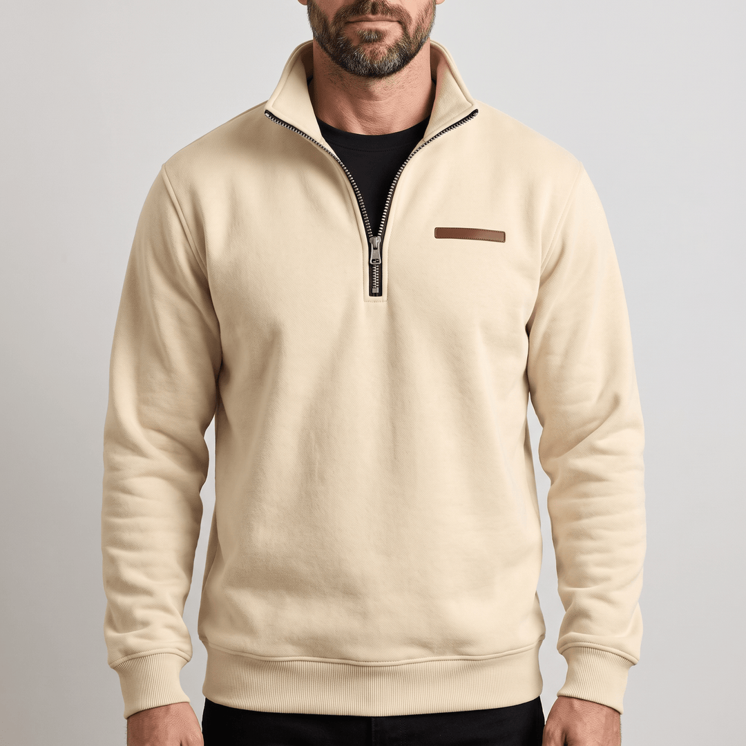 Beige fleece half-zip sweatshirt with stand collar and ribbed cuffs