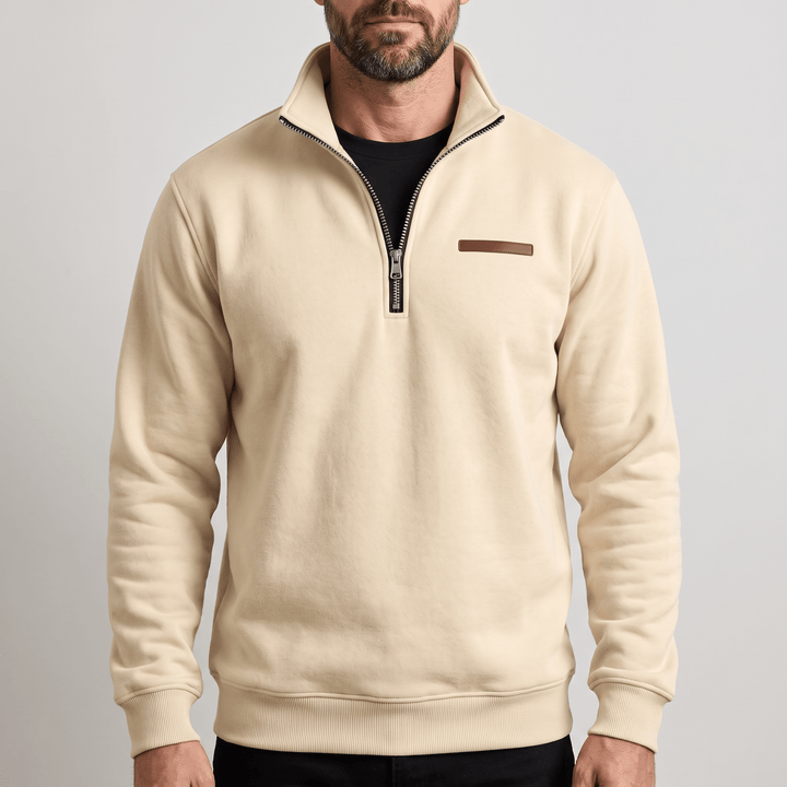 Beige fleece half-zip sweatshirt with stand collar and ribbed cuffs
