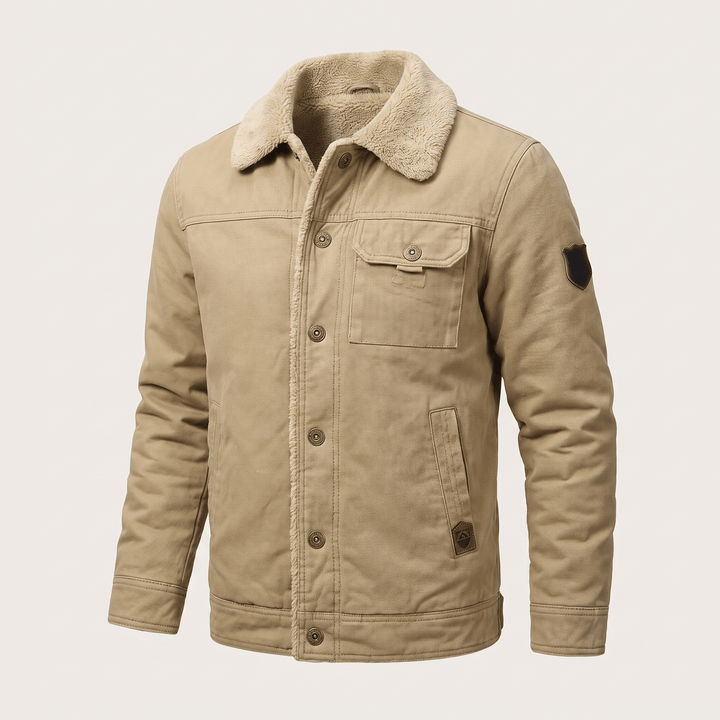 Beige button-front jacket with fleece collar and chest pocket