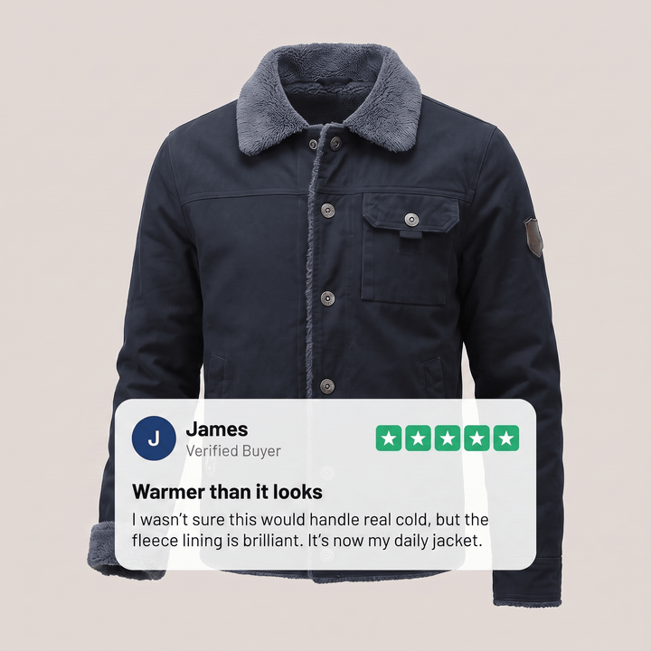 Navy fleece-collared button jacket with chest pocket and sleeve patch