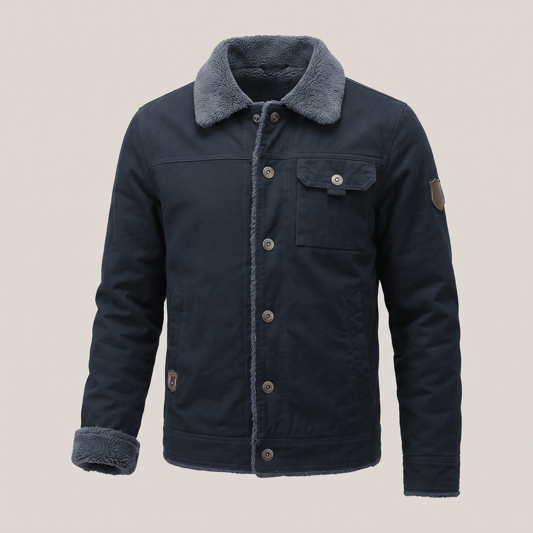 Navy button-front jacket with fleece collar and chest pocket