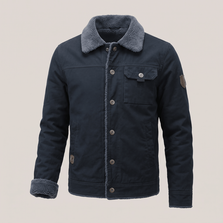 Navy button-front jacket with fleece collar and chest pocket