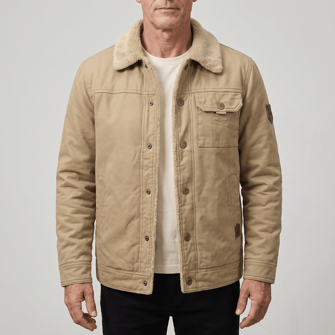 Tan button-front jacket with fleece collar, chest pocket, and sleeve badge