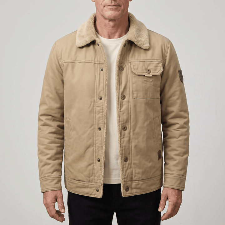 Tan button-front jacket with fleece collar, chest pocket, and sleeve badge