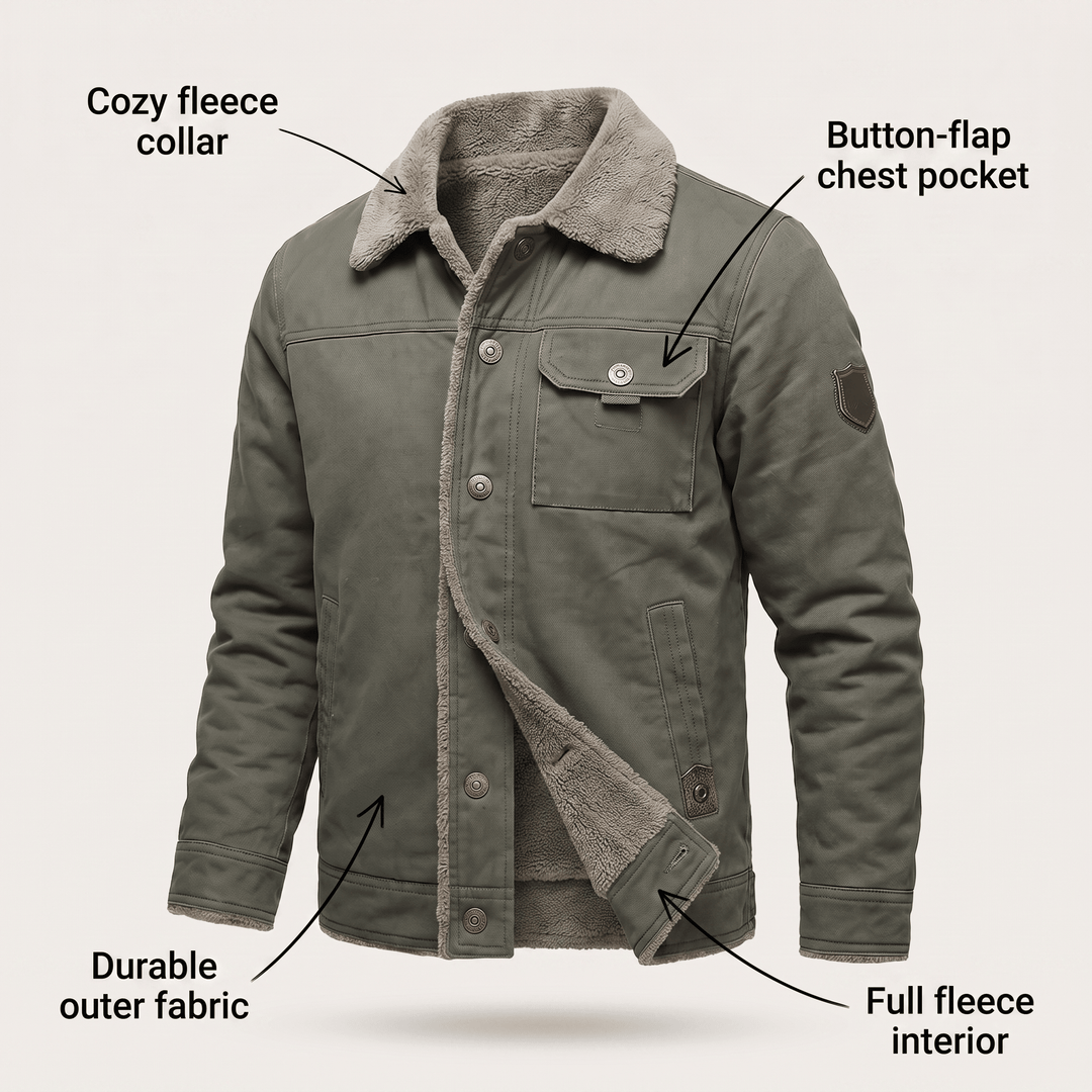 Fleece-lined green jacket with button chest pocket and full fleece interior