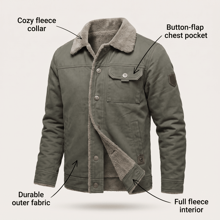 Fleece-lined green jacket with button chest pocket and full fleece interior