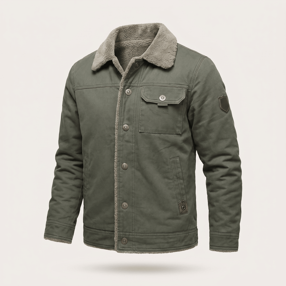 Green button-front jacket with fleece collar and chest pocket