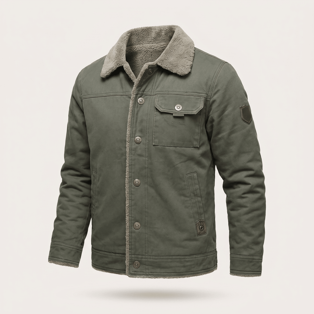 Green button-front jacket with fleece collar and chest pocket