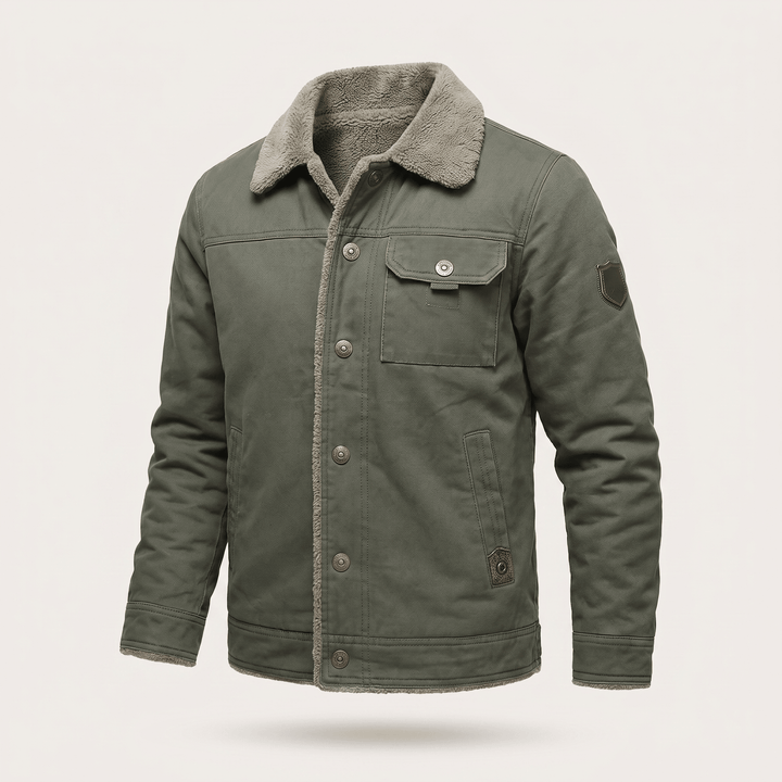 Green button-front jacket with fleece collar and chest pocket