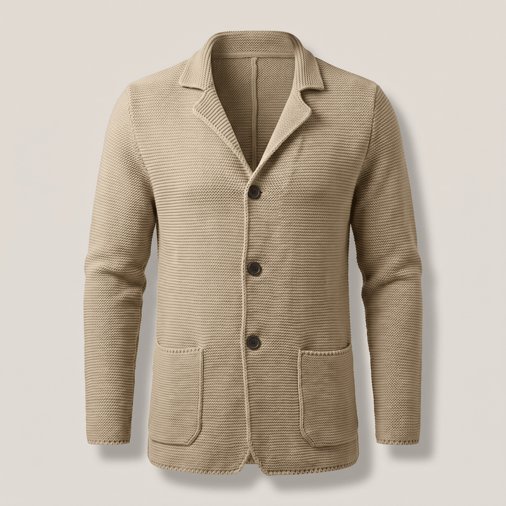 Cream knit cardigan with notch lapel, three-button front and two patch pockets