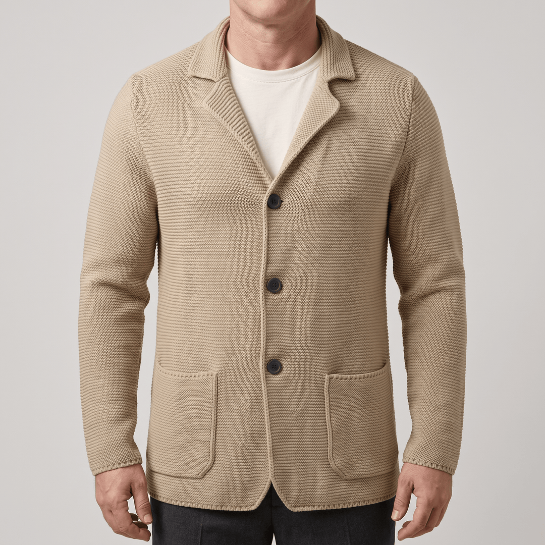 Beige knit cardigan with notch lapel, three-button front and patch pockets