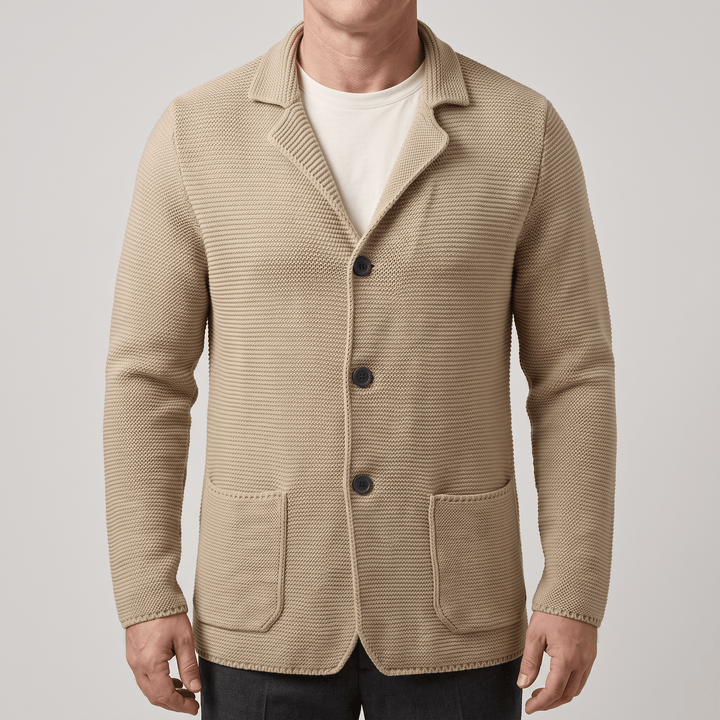 Beige knit cardigan with notch lapel, three-button front and patch pockets