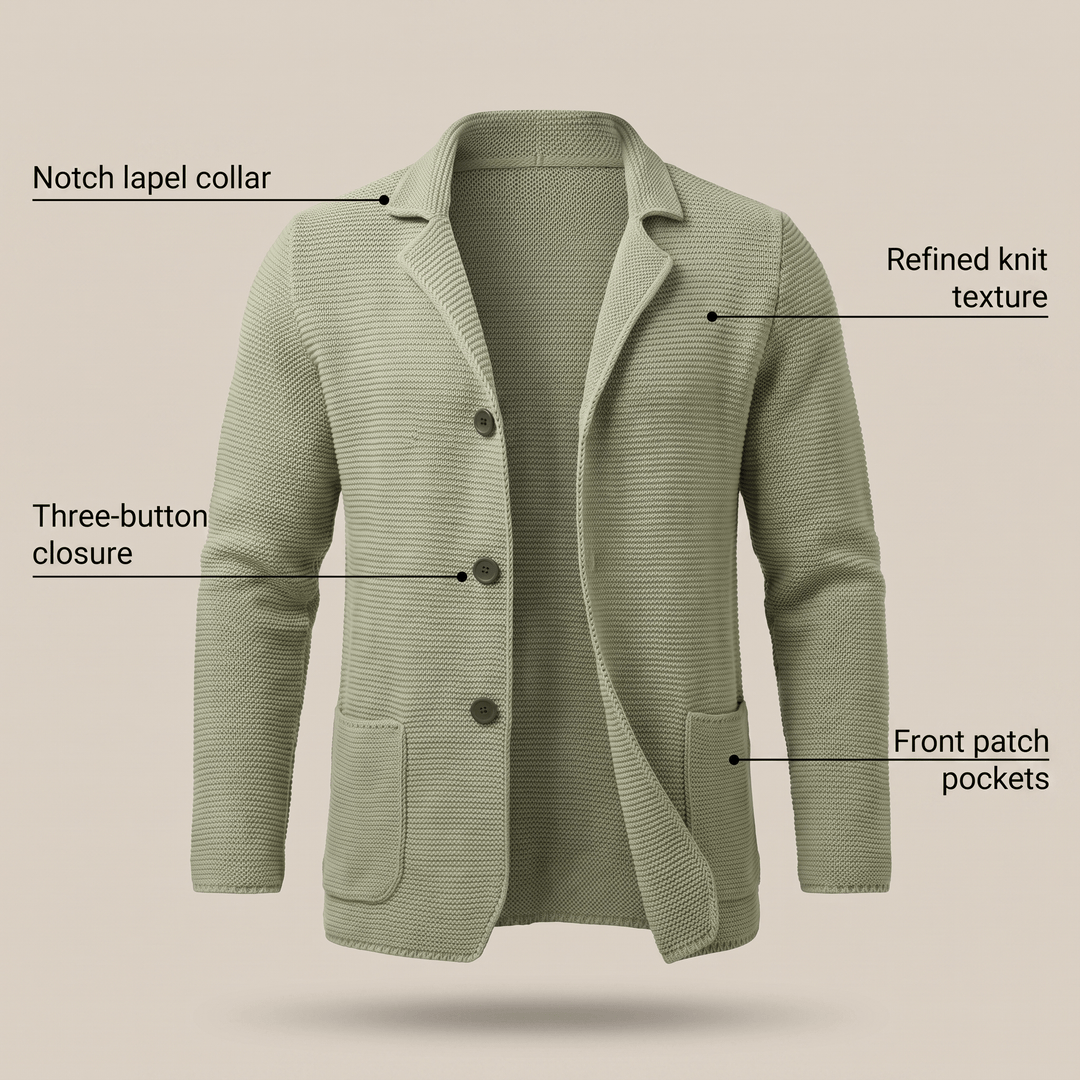 Light green knit cardigan with notch lapel and patch pockets, three-button closure