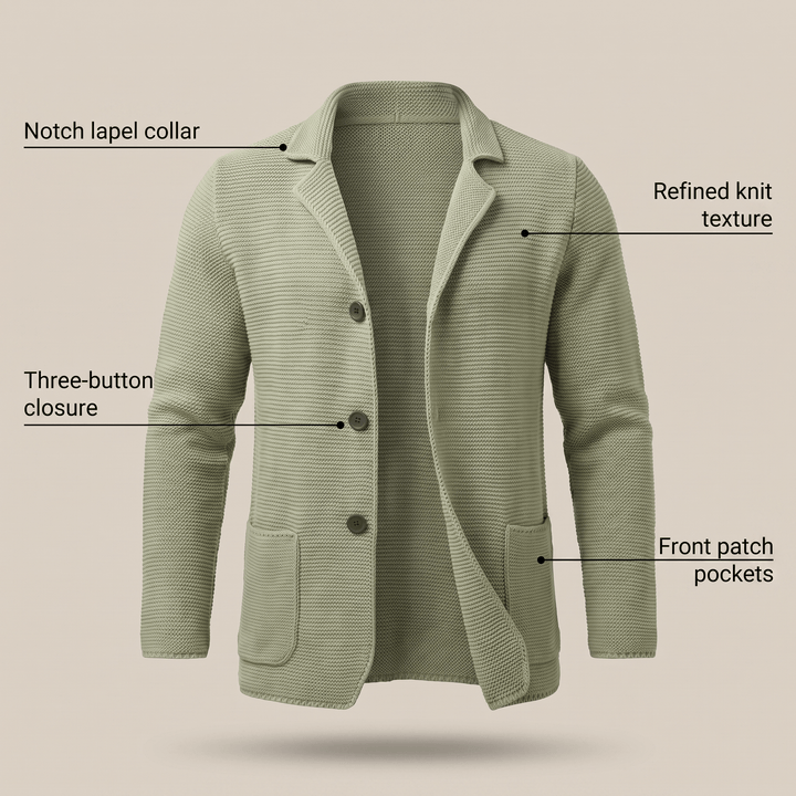 Light green knit cardigan with notch lapel and patch pockets, three-button closure