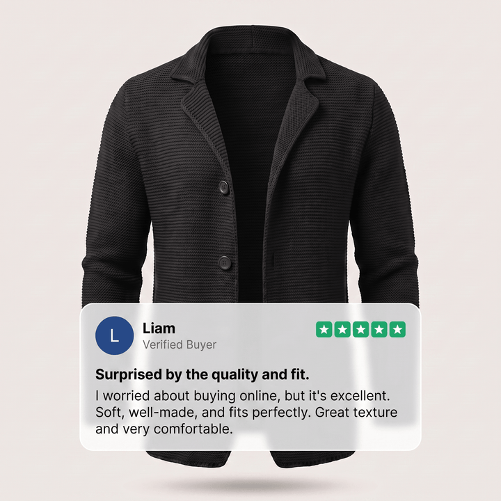 Black knit cardigan with notch lapel, three-button front and patch pockets
