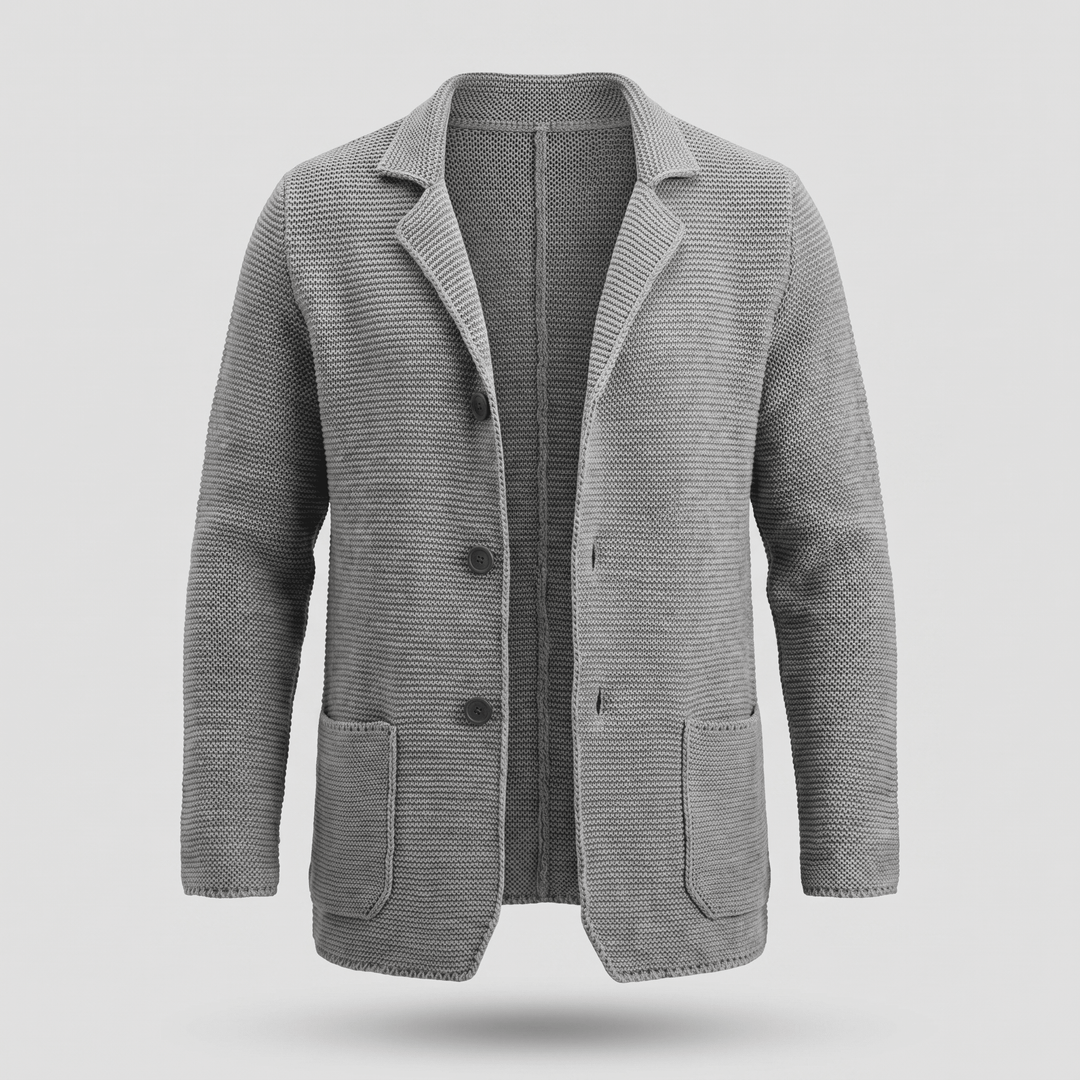 Grey knit cardigan with notch lapel, three-button front and patch pockets