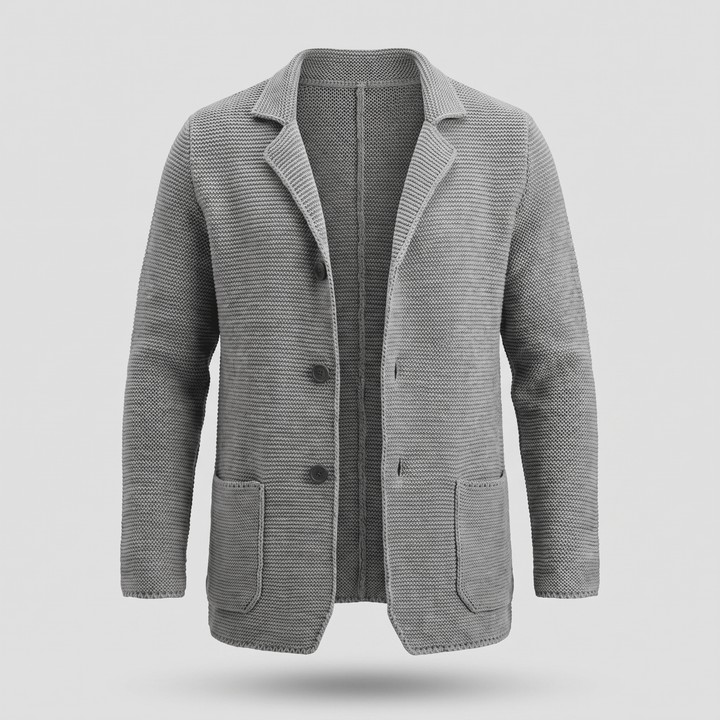 Grey knit cardigan with notch lapel, three-button front and patch pockets