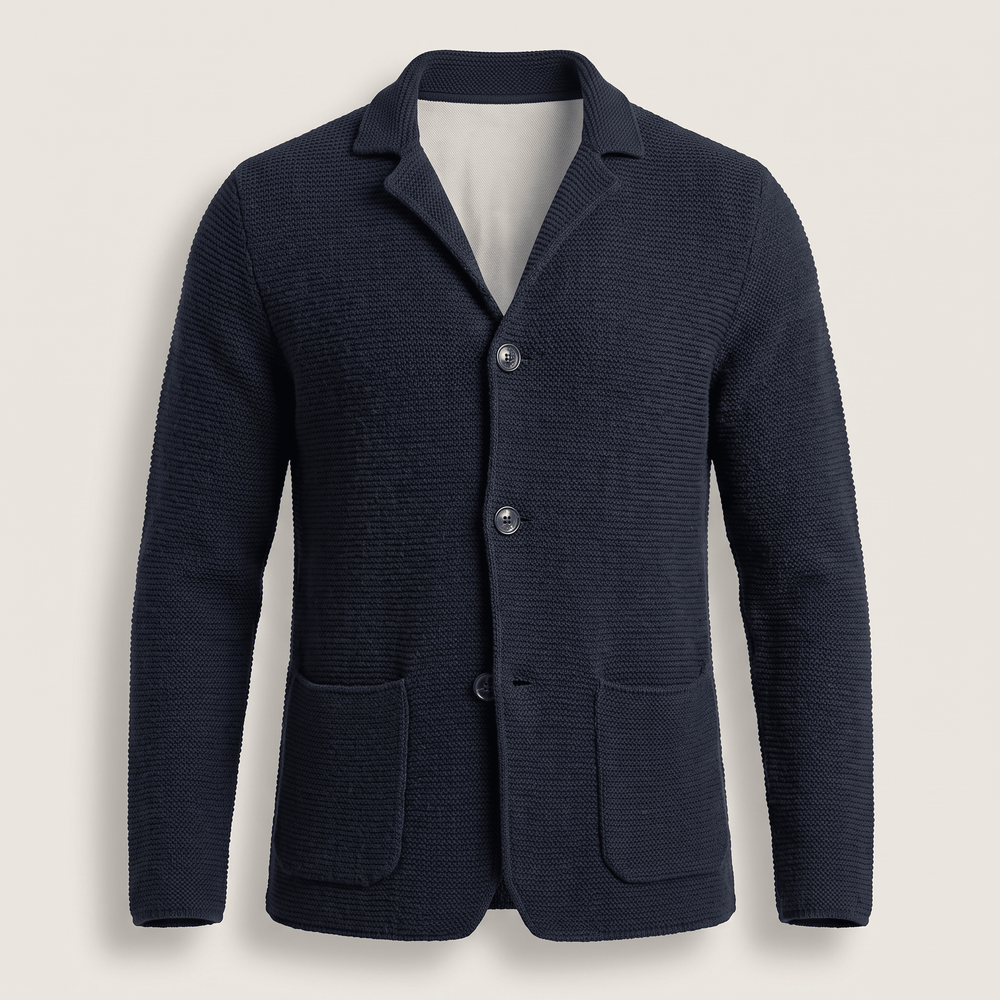 Navy knit cardigan with notch lapel, three-button front and two patch pockets