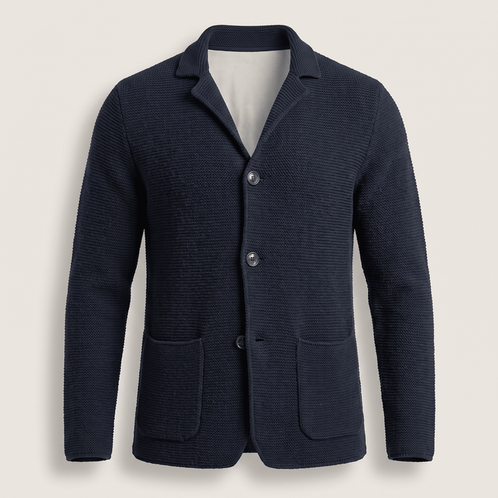 Navy knit cardigan with notch lapel, three-button front and two patch pockets