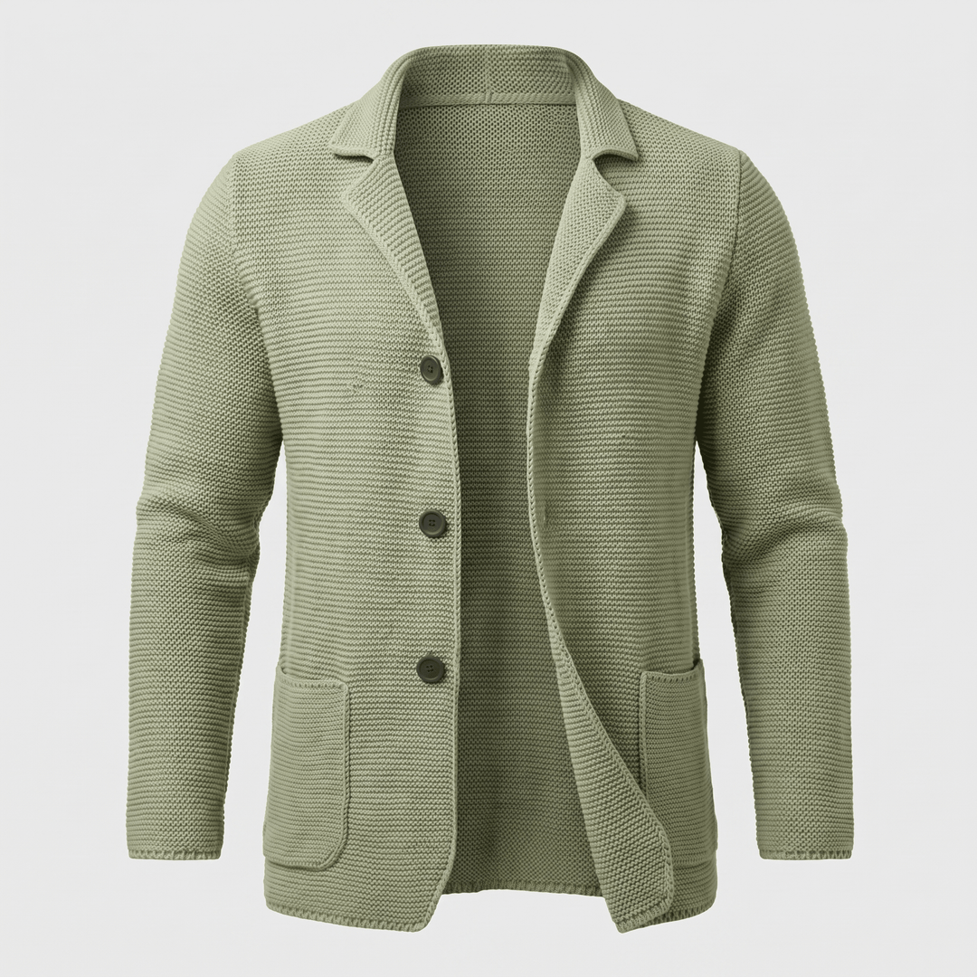 Light green knit cardigan with notch lapel, three-button front and patch pockets