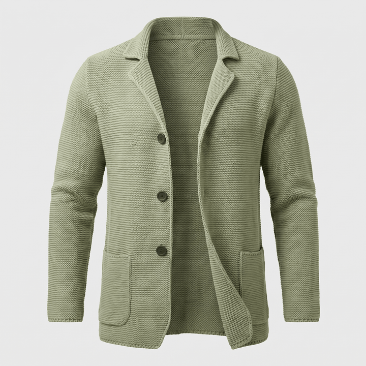 Light green knit cardigan with notch lapel, three-button front and patch pockets
