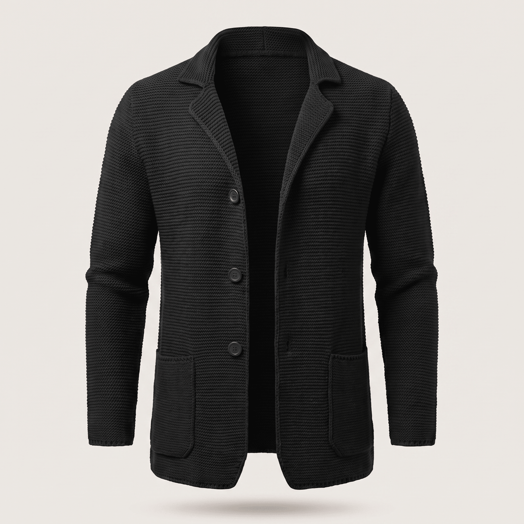 Black knit cardigan with notch lapel, three-button front and patch pockets