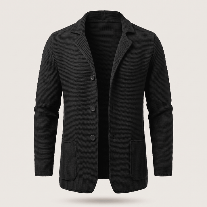 Black knit cardigan with notch lapel, three-button front and patch pockets