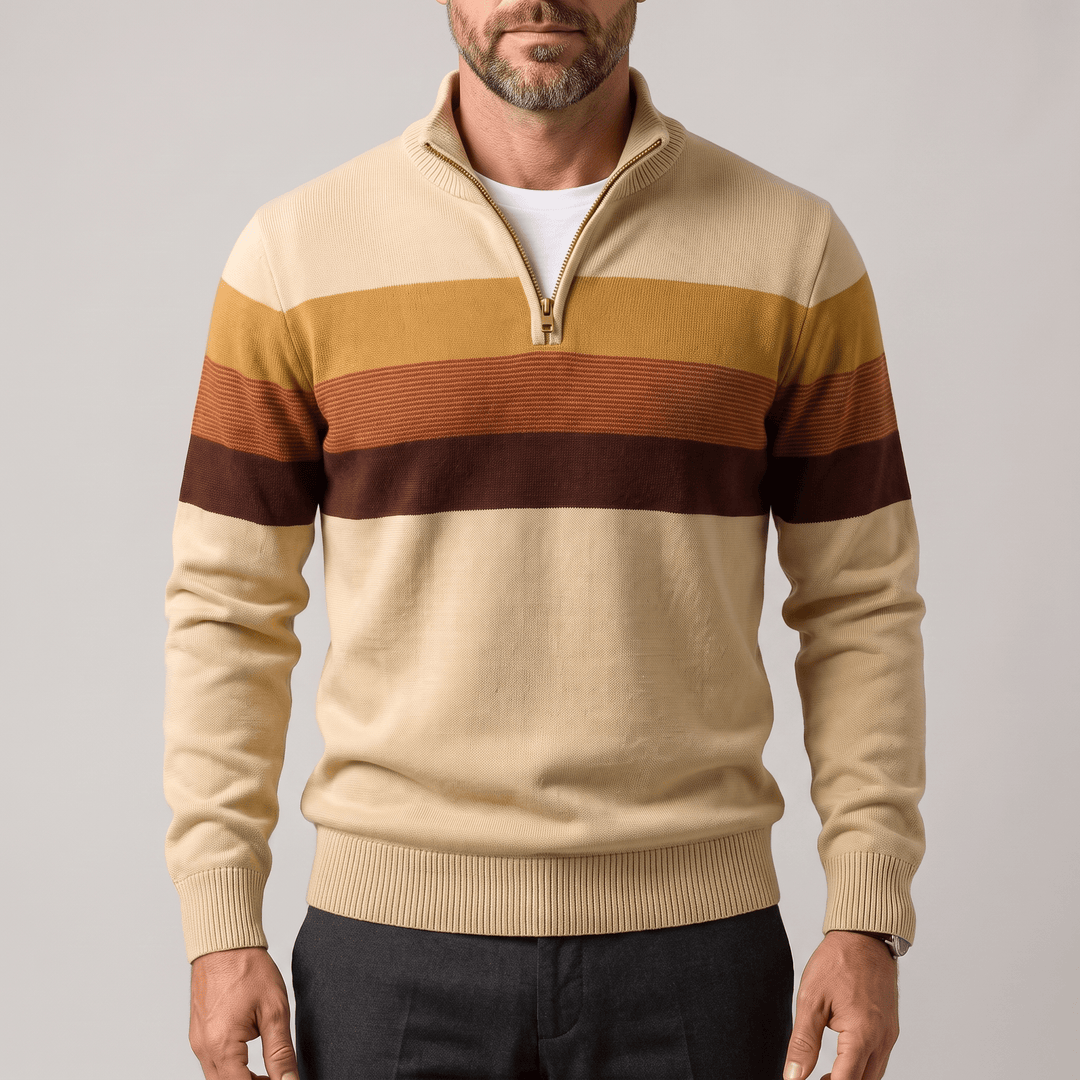 Men's stripe knit quarter-zip pullover in cream with brown and orange bands