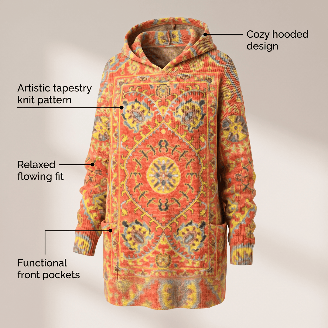 Bohemian hooded tunic sweater, orange knit tapestry pattern with kangaroo front pockets