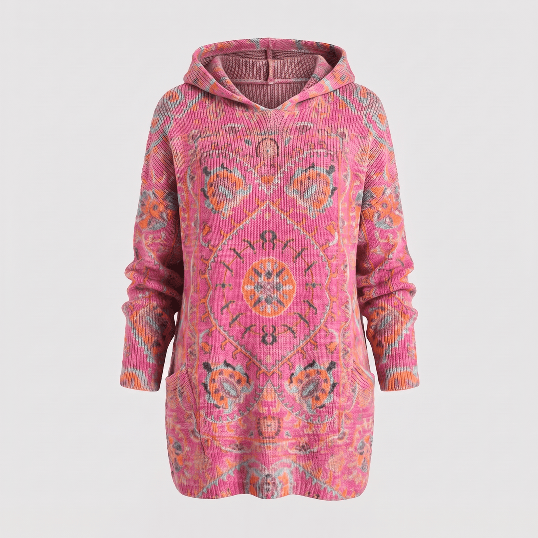 Bohemian hooded tunic sweater in pink with multicolor patterned print, long sleeves