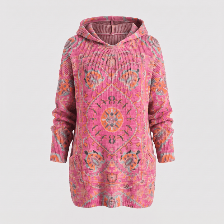 Bohemian hooded tunic sweater in pink with multicolor patterned print, long sleeves