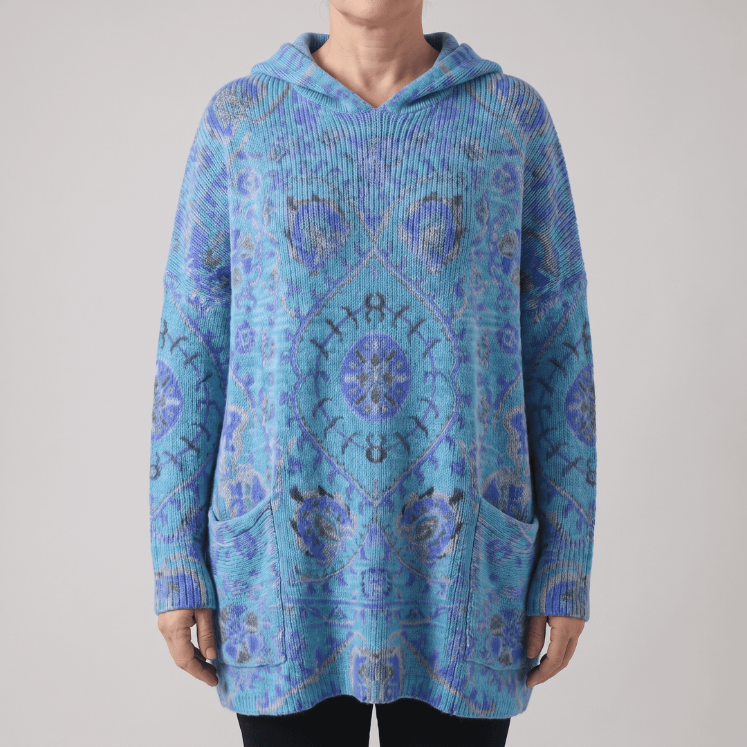 Bohemian hooded tunic sweater in blue with multicolor patterned print, long sleeves