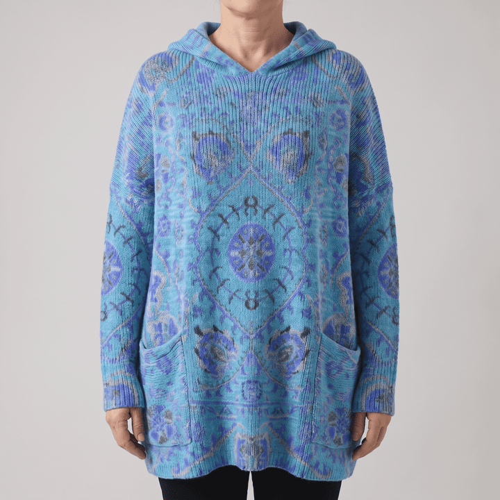 Bohemian hooded tunic sweater in blue with multicolor patterned print, long sleeves