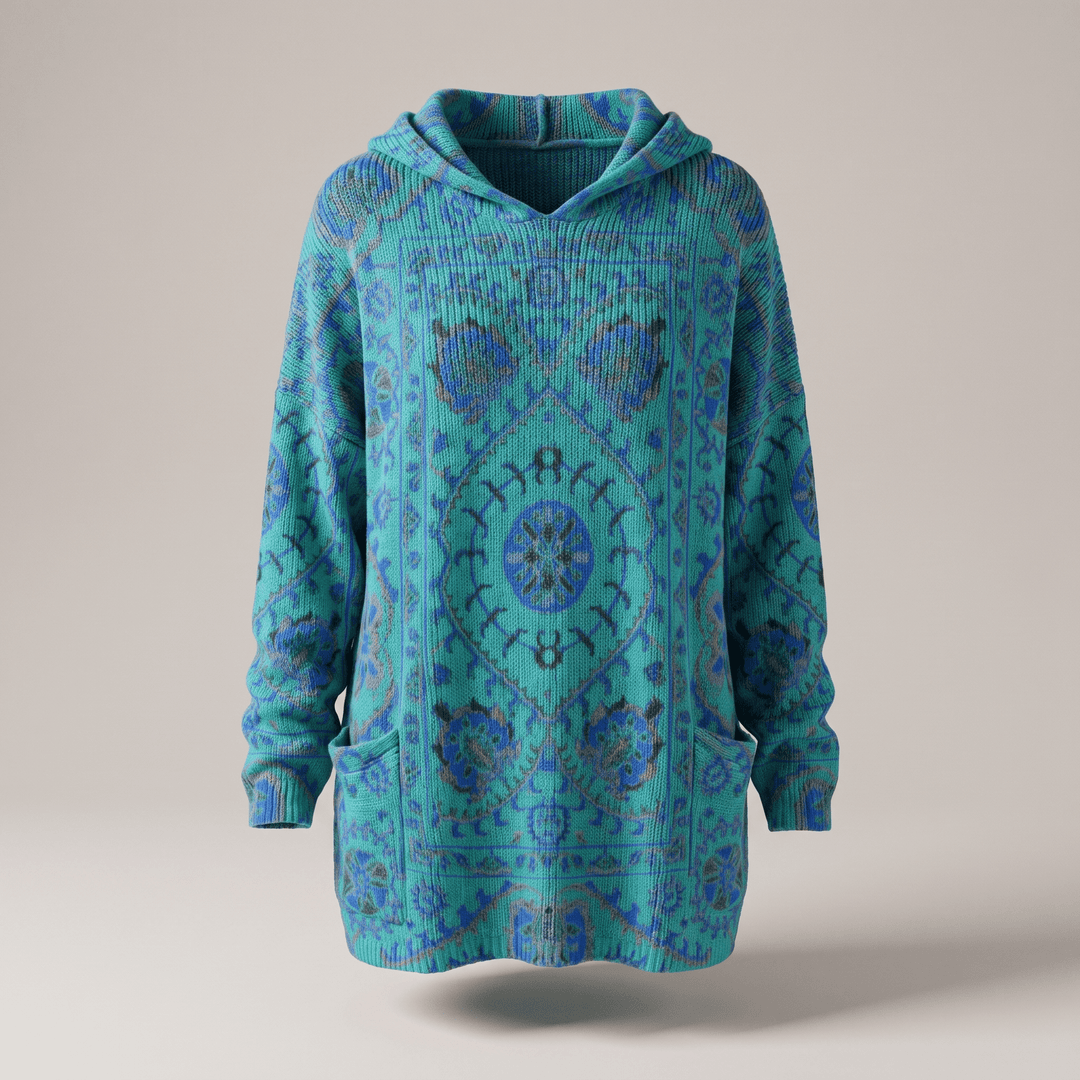 Bohemian hooded tunic sweater in teal blue with multicolor patterned print, long sleeves
