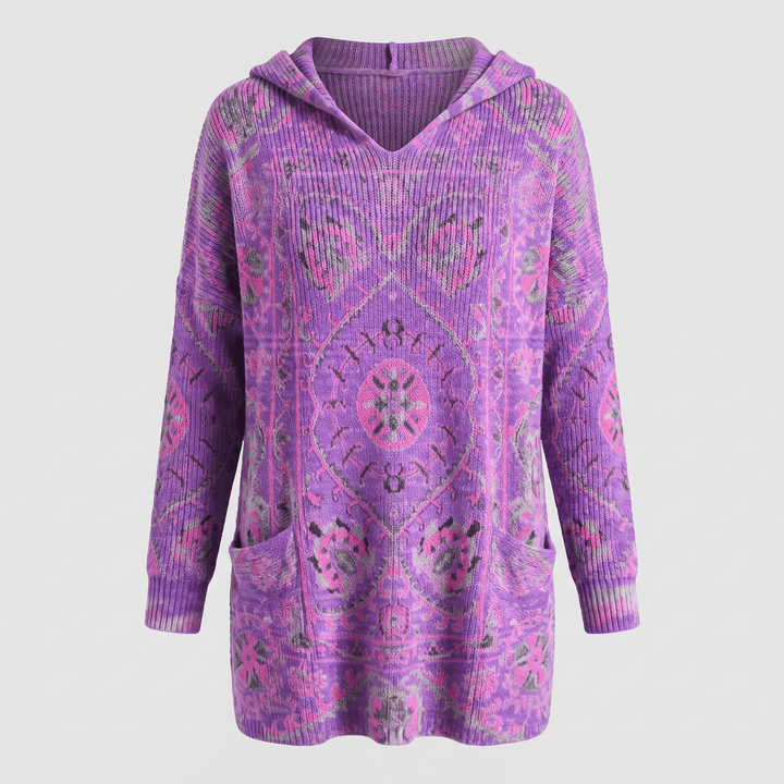 Bohemian hooded tunic sweater, purple knit with ornate tapestry pattern and ribbed cuffs