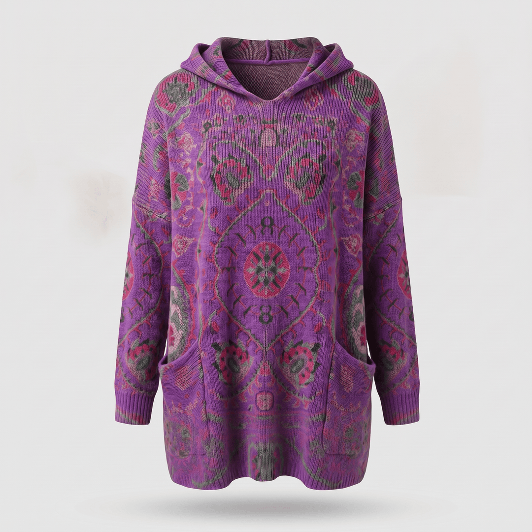 Bohemian hooded tunic sweater in purple with dark multicolor patterned print, long sleeves