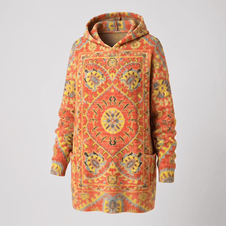 Bohemian hooded tunic sweater in orange with multicolor patterned print, long sleeves