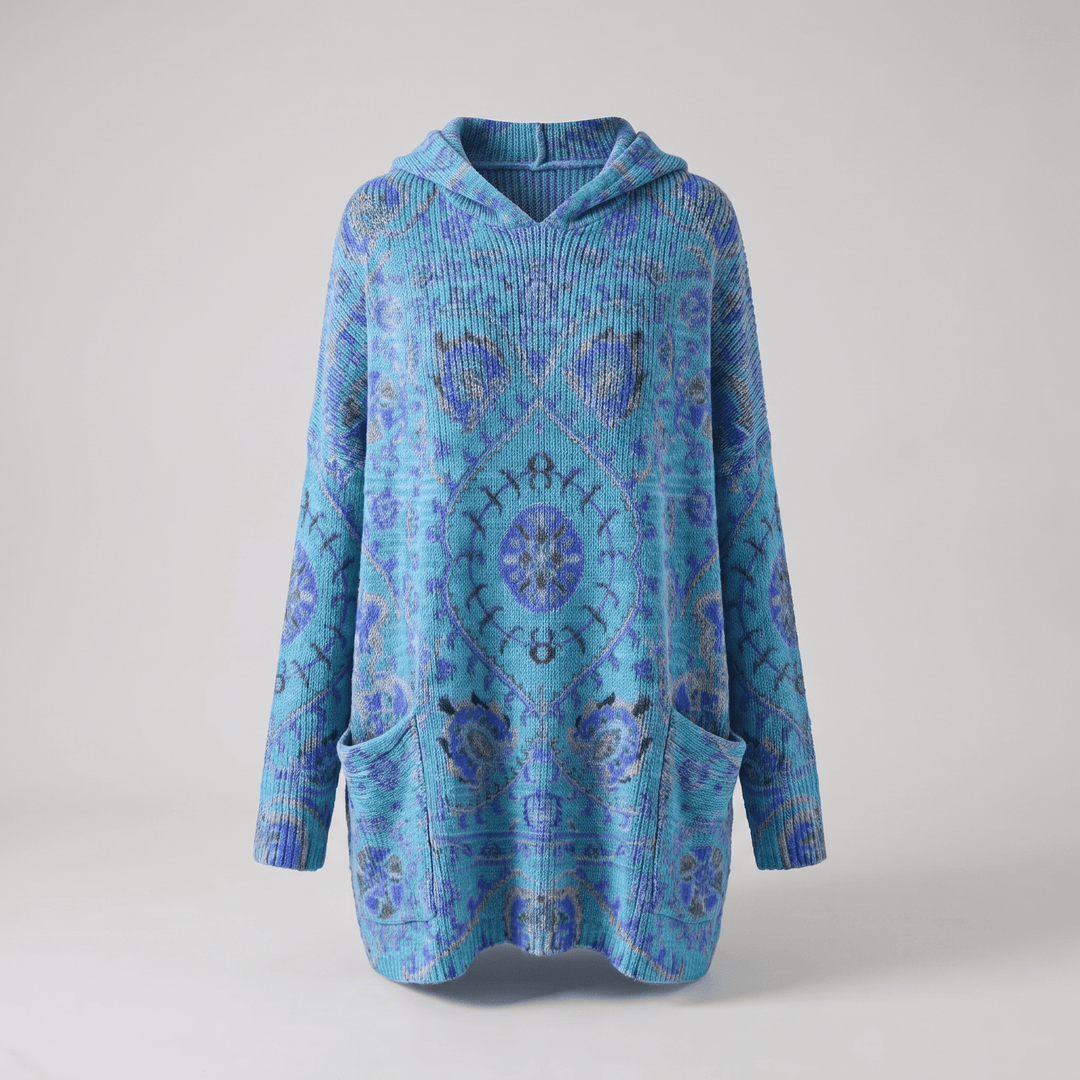 Bohemian hooded tunic sweater, blue knit with ornate mandala print and kangaroo pockets