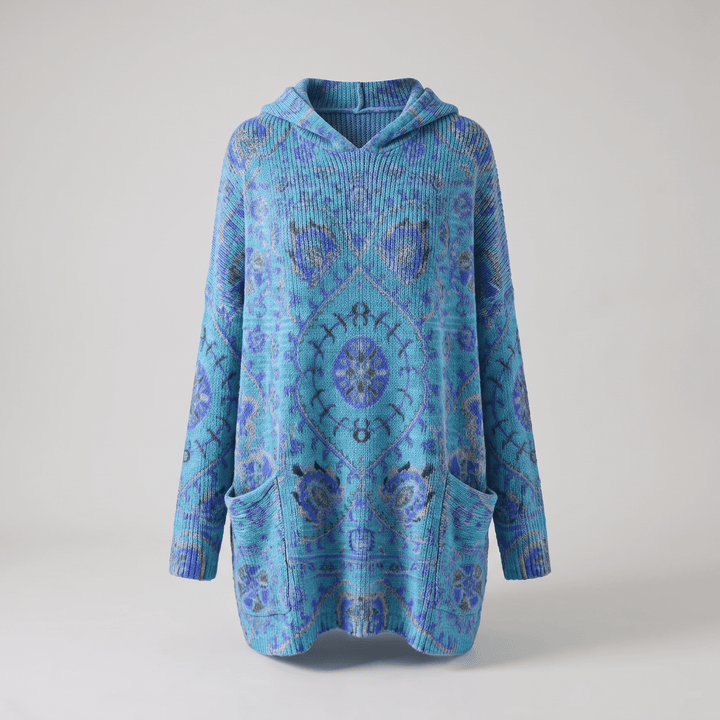 Bohemian hooded tunic sweater, blue knit with ornate mandala print and kangaroo pockets