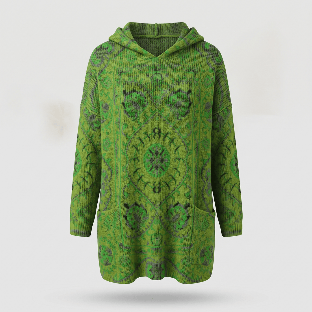 Bohemian hooded tunic sweater in green with dark patterned print, long sleeves