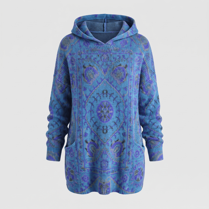 Bohemian hooded tunic sweater in blue with dark multicolor patterned print, long sleeves