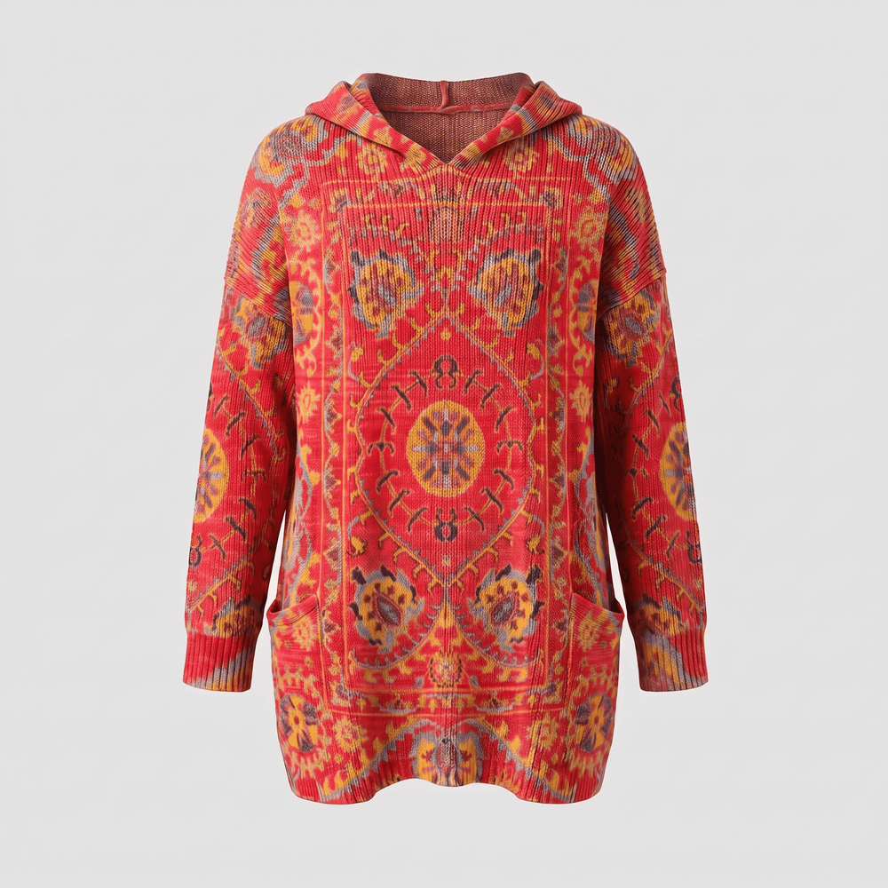 Bohemian hooded tunic sweater in red with orange/yellow patterned print, long sleeves