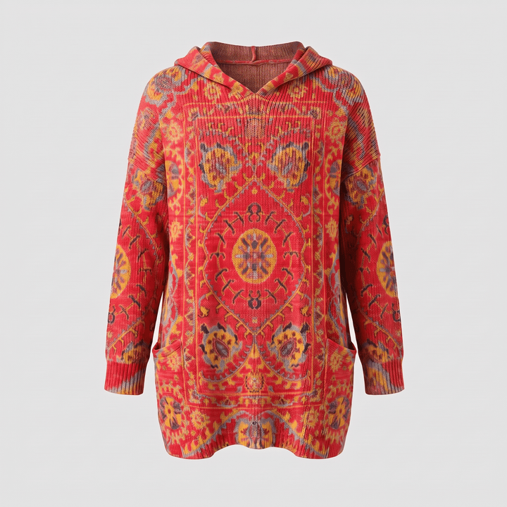 Bohemian hooded tunic sweater in red with orange/yellow patterned print, long sleeves