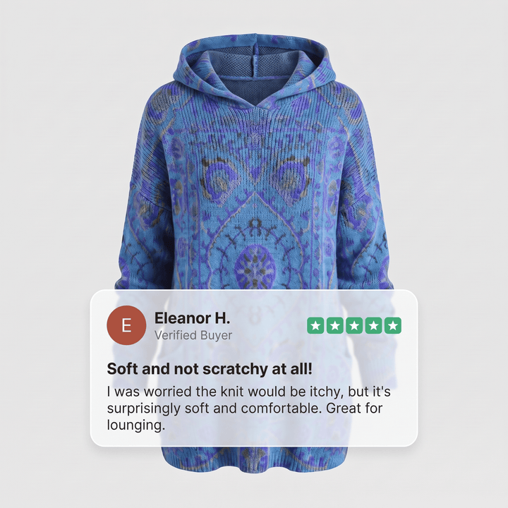 Blue bohemian hooded tunic sweater, ribbed hem and cuffs with mandala-style print